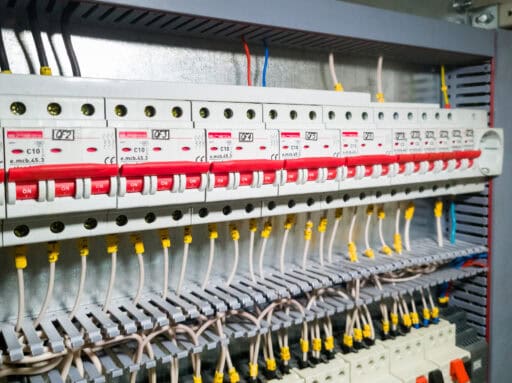 Group of magnet starters in a row in electrical cabinet of autom